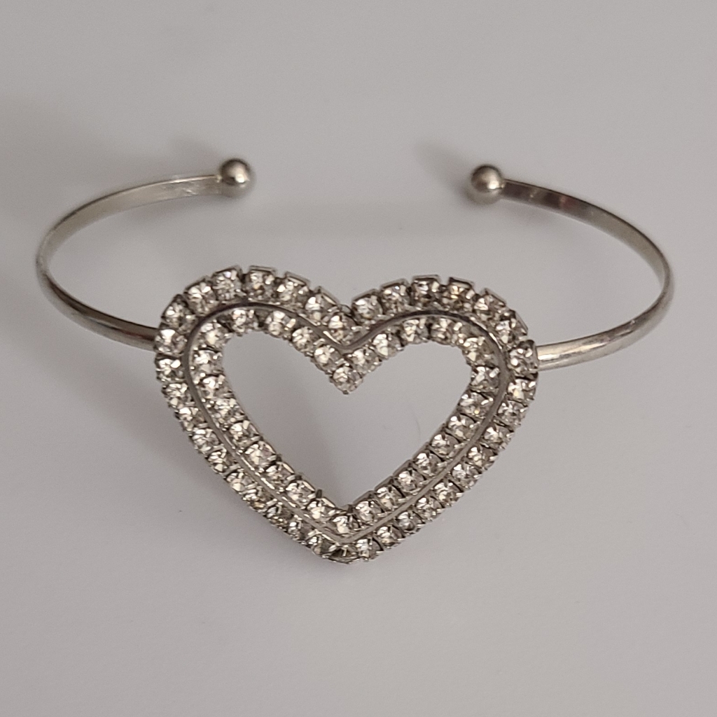Vtg Heart Bracelet Rhinestones Adjustable Valentines Day Vintage Estate